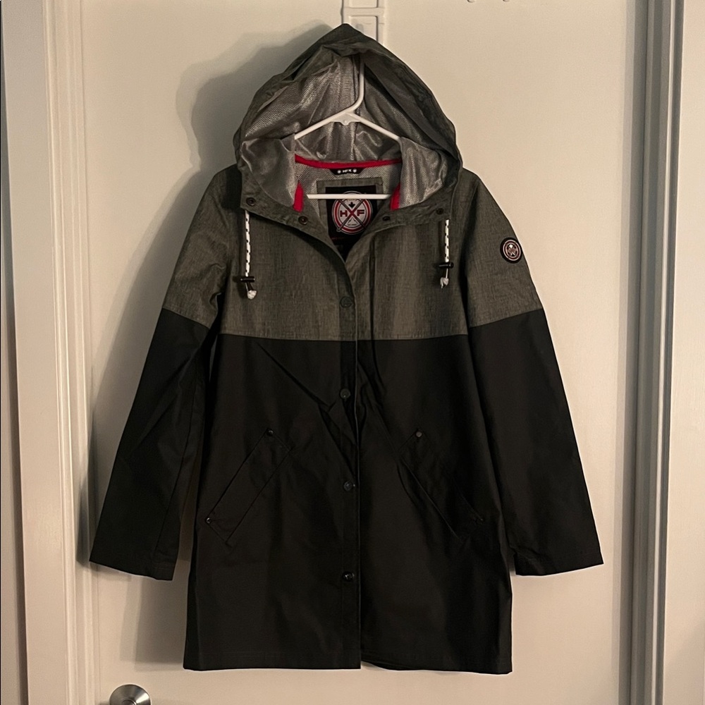 Women's Black and Gray Hooded Rain Jacket